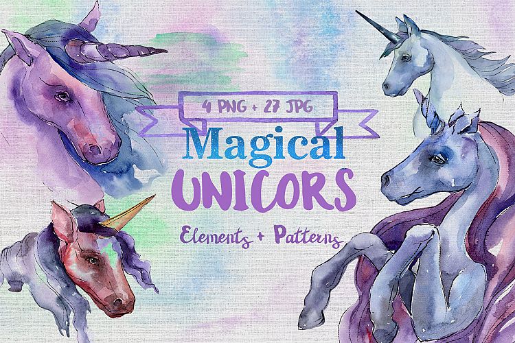 Magical purple unicorn PNG watercolor set