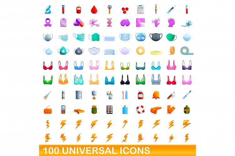 100 universal icons set, cartoon style example image 1