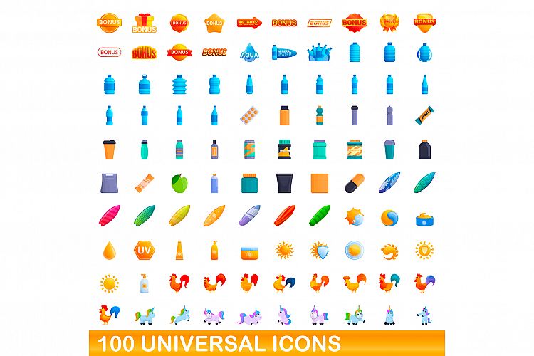 100 universal icons set, cartoon style example image 1