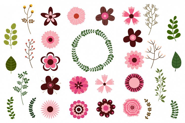  Pink wedding flowers clipart, Mod retro floral set