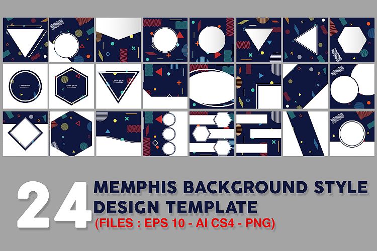 24 Memphis style cards with geometric shapes and patterns