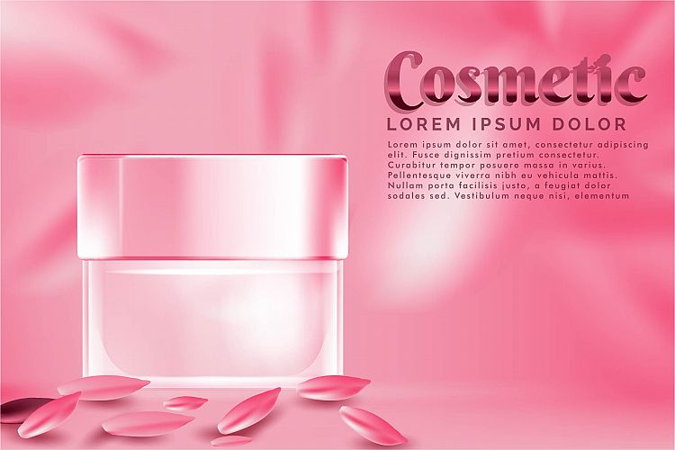 cream jar cosmetic products ad, with pink petal rose backgro