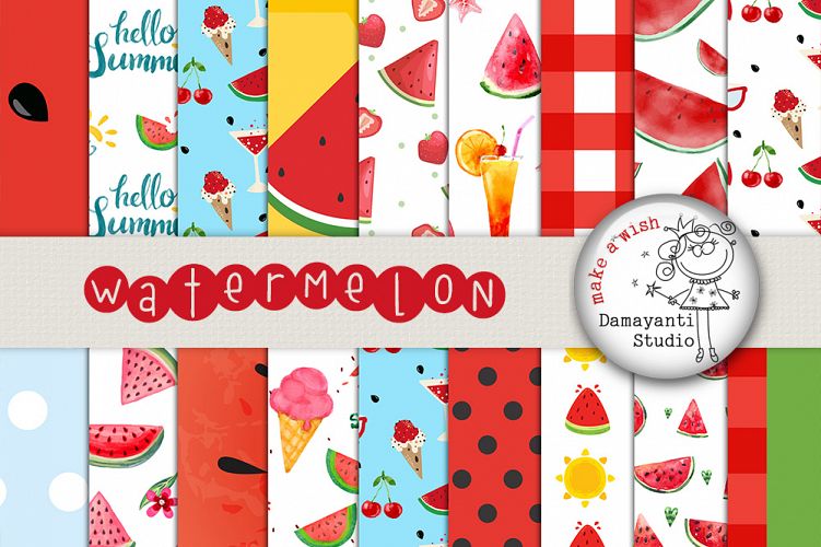 Watermelon digital papers, Picnic papers, Watermelon scrapbook papers, Red and green Watermelon Patterns, Printable papers, Planner sticker 