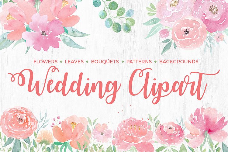 Watercolor Wedding Clipart. Flowers & Textures