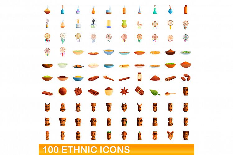 100 ethnic icons set, cartoon style example image 1