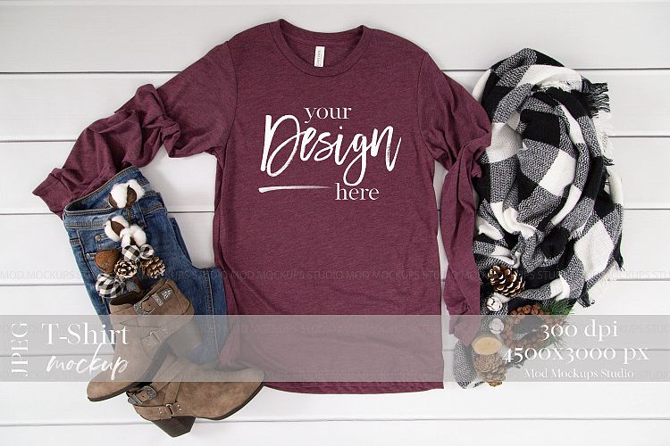 Download Longsleeve Tshirt Mockup Maroon Triblend| 3501 Bella Canva