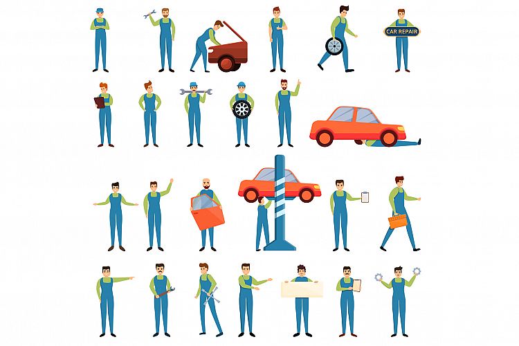Car mechanic icons set, cartoon style