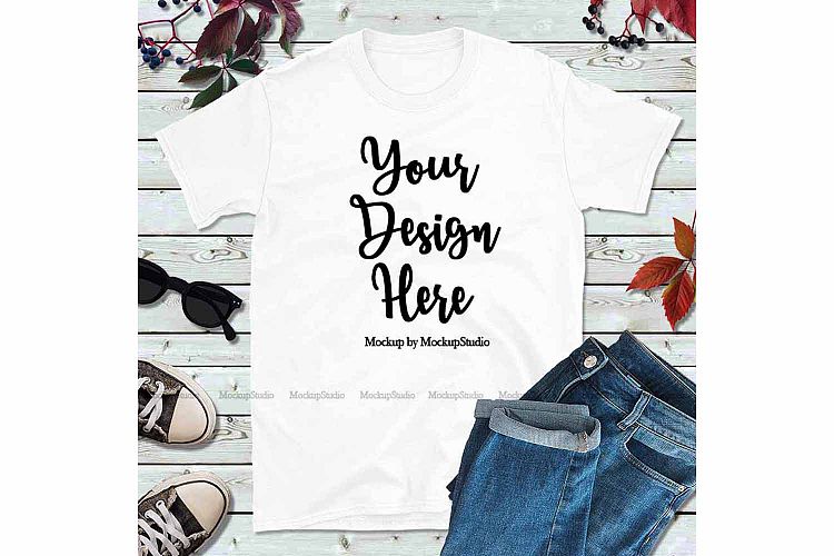 Fall White Tshirt Mockup Gildan Autumn Shirt Flat Lay