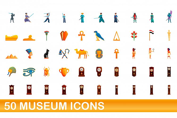 50 museum icons set, cartoon style example image 1