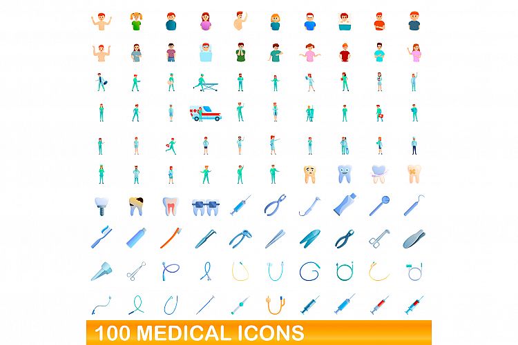 100 medical icons set, cartoon style example image 1