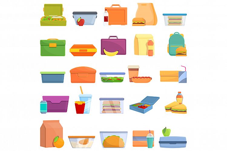 Lunch icons set, cartoon style
