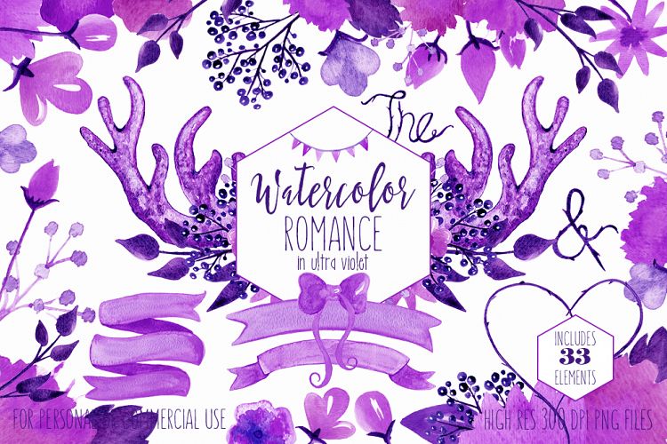 PURPLE WEDDING CLIPART Woodland Watercolor Ultra Violet Floral Bouquets Deer Antlers Banners Digital Papers Graphics