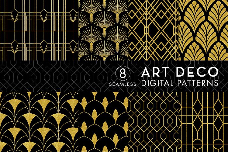 8 Seamless Art Deco Patterns - Black & Gold Set 1