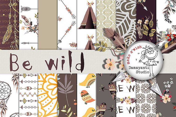 Boho Digital Papers pack, feather and arrow digital paper