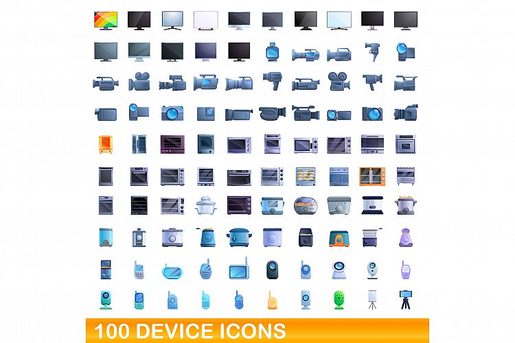 100 device icons set, cartoon style example image 1