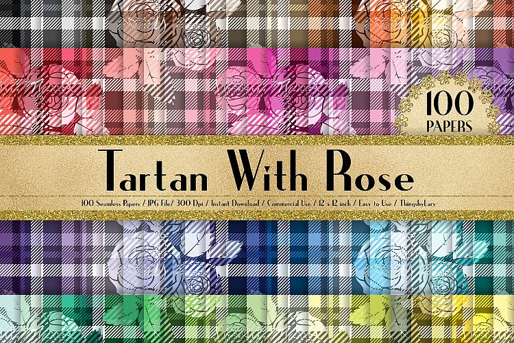 100 Seamless Tartan with Rose Digital Papers, Cloth Texture
