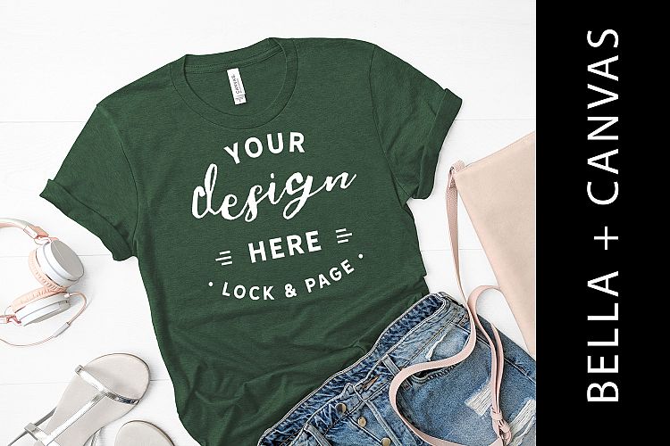Heather Green Grass Bella Canvas 3001 TShirt Mockup Flat Lay