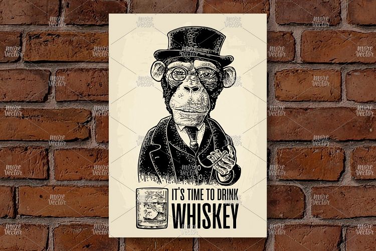 Monkey gentleman hold pocket Time to Drink engraving