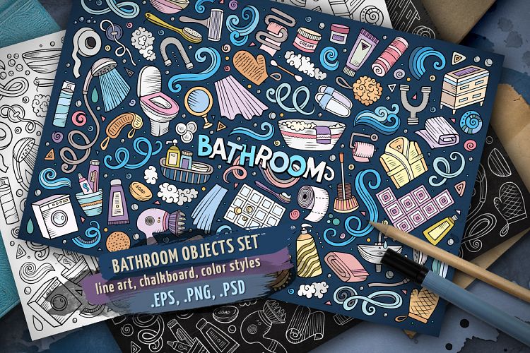 Bathroom Doodle Cartoon Objects & Elements Set
