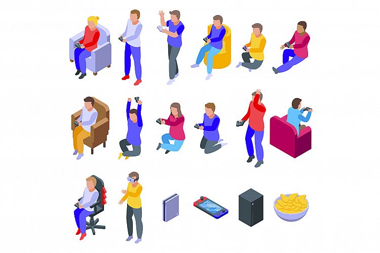 Kids playing video games icons set, isometric style example image 1