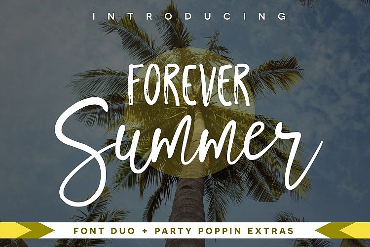Discover paid and free fonts for use with your Cricut, like the Forever Summer font.  A picture of a palm tree with a blue cloudy background showcases white text "Introducing Forever Summer, a font duo and party poppin extra."