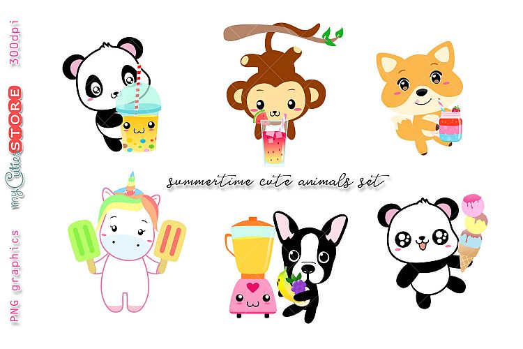 Kawaii animals holding icecream, cold drinks, popscicle, smoothie jars, summertime clip art great for planner stickers or digital planning.