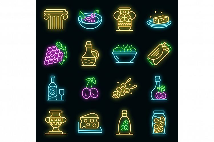 Greek cuisine icons set vector neon example image 1