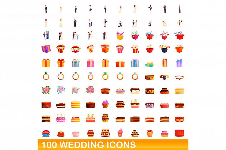 100 wedding icons set, cartoon style example image 1