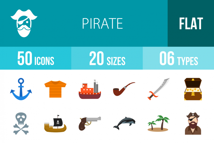 50 Pirate Flat Multicolor Icons