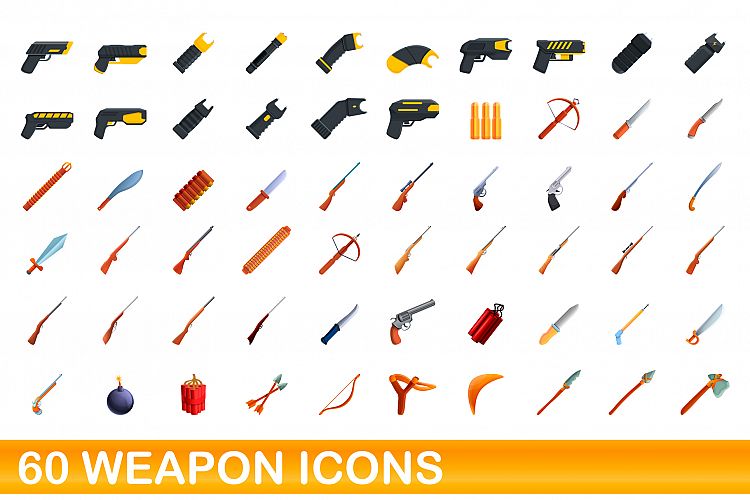 60 weapon icons set, cartoon style example image 1
