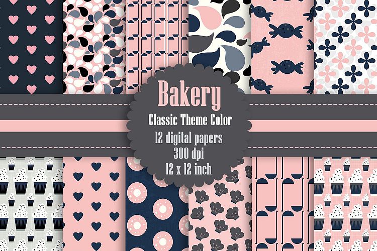 12 Bakery Digital Papers in Indigo and Blush Pink Color