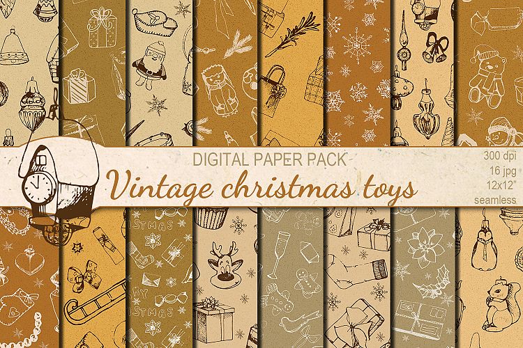 Vintage Christmas Toys seamless digital paper pack
