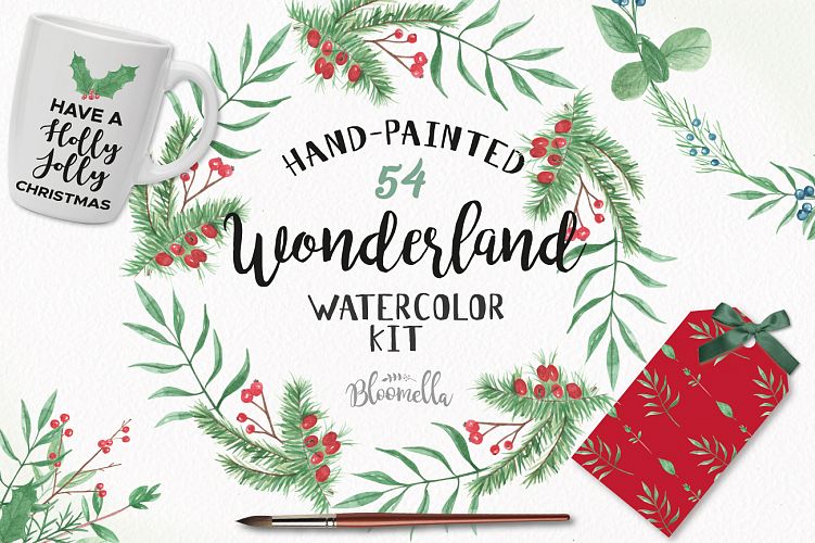 Wonderland Xmas Holly Winter Watercolor Festive Hand Painted