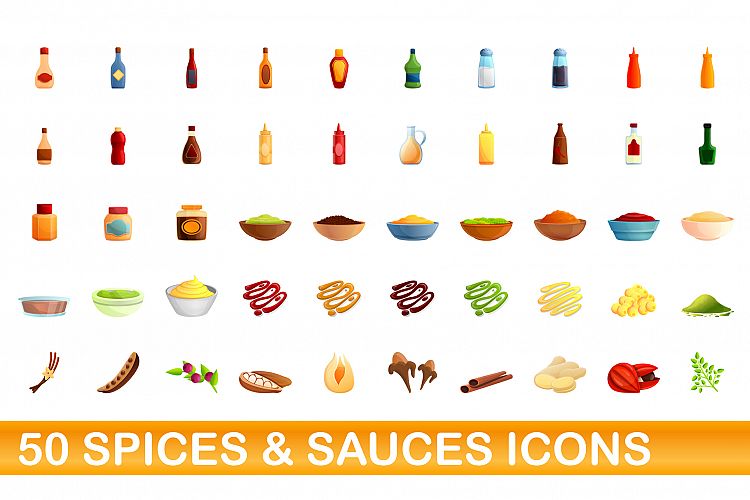 50 spices and sauces icons set, cartoon style example image 1