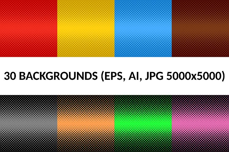 30 Halftone Dot Backgrounds (AI, EPS, JPG 5000x5000)