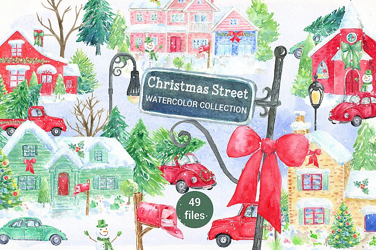 Watercolor Christmas Street 