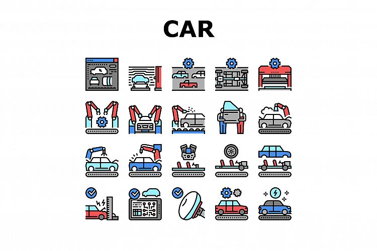 Car Factory Production Collection Icons Set Vector