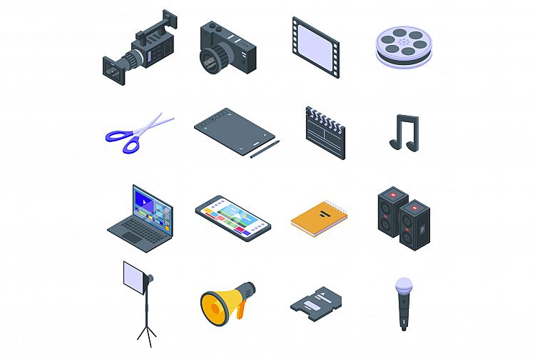 Video editing icons set, isometric style example image 1