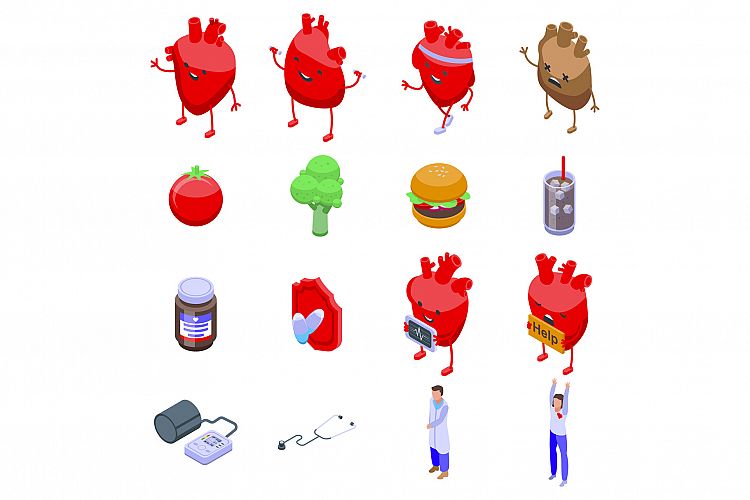 Healthy heart icons set, isometric style