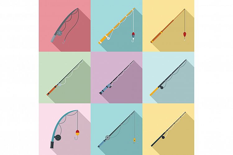 Fishing rod icons set, flat style