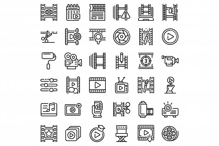 Video editing icons set, outline style