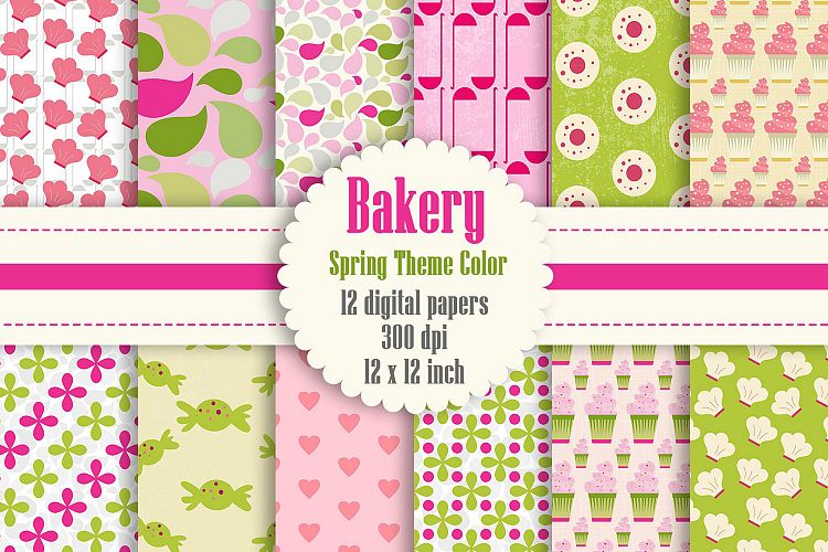 12 Bakery Digital Papers in Spring Flower Theme Color