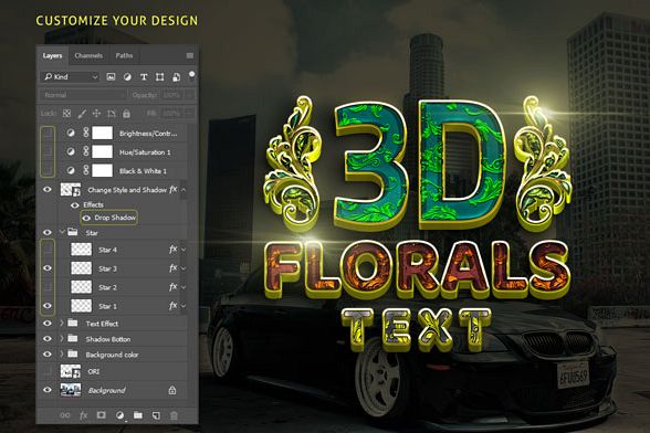 3D Florals Gold Text Effect