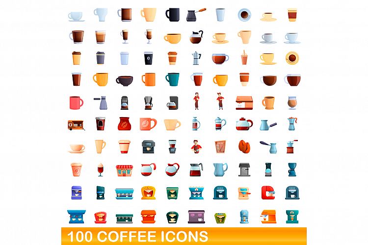 100 coffee icons set, cartoon style example image 1