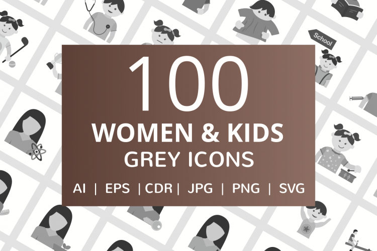 100 Women   Kids Flat Greyscale Icons