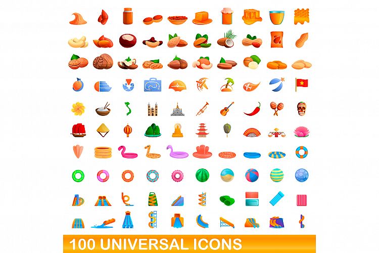 100 universal icons set, cartoon style example image 1