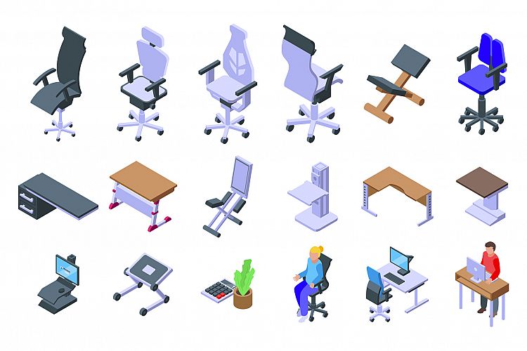 Ergonomic workplace icons set, isometric style example image 1