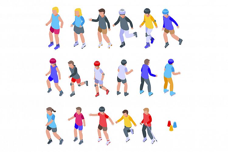 Children rollerblading icons set, isometric style example image 1