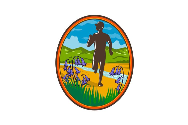 Marathon Runner and Bluebells Oval Retro