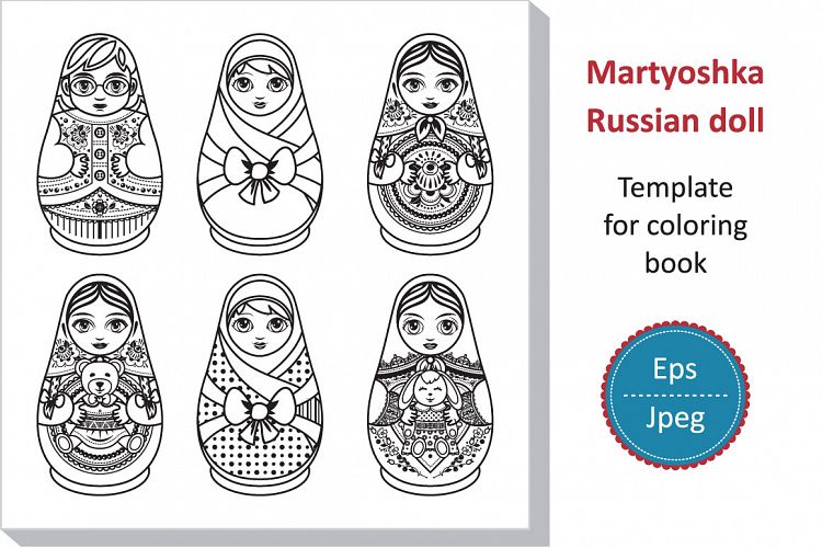 Matryoshka. Russian folk wooden doll. Babushka doll. Template for coloring book